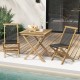 Two Indonesia teak patio folding chairs with woven rope seats beside a folding table, perfect for poolside relaxation.