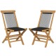 Two Indonesia teak patio folding chairs with woven rope seats, ideal for backyard and poolside relaxation.