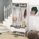 Tall white hall tree with coat rack, shoe storage, and cushioned bench, ideal for entryway organization.
