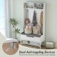 69-inch tall hall tree with coat rack, seat cushion, and shoe storage, featuring dual anti-toppling devices for safety.