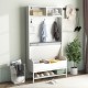 69-inch tall white hall tree featuring a shoe bench, coat hooks, and storage compartments for entryway organization.