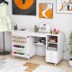 Folding sewing table in white with 2 cube storage shelves, 1 open shelf, and spacious design for versatile crafting.