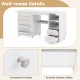 Folding sewing table in white with charging station, storage shelves, and convenient knobs for easy organization.