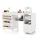 Folding sewing table in white with charging station, storage shelves, and ample workspace for creative projects.