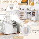 Folding sewing table in white with charging station, storage shelves, and quiet metal hinges for versatile use.