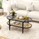 2-tier coffee table with tempered glass top and acacia wood frame, featuring storage shelves for living room use.