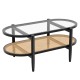 2-tier coffee table with tempered glass top and acacia wood frame, featuring a rattan shelf for versatile storage.