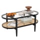 2-tier coffee table with tempered glass top and acacia wood frame, featuring storage shelves for versatile living room.