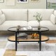 2-tier coffee table with tempered glass top and acacia wood frame, featuring storage shelves, ideal for living room use.