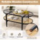 2-tier coffee table with tempered glass top and acacia wood frame, featuring anti-slip foot pads for floor protection.