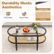 2-tier coffee table with tempered glass top and acacia wood frame, featuring PE rattan shelves for versatile living.