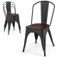 Stackable Tolix style metal dining chair set with wood seat, featuring a sturdy black frame and ergonomic design.