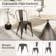 Metal dining chair with ergonomic high backrest and wood seat, ideal for stackable kitchen use and stylish decor.