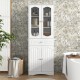 Elegant 63-inch tall white bathroom storage cabinet with glass doors and large drawer, perfect for stylish organization.