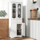 Tall white bathroom storage cabinet with 2 glass doors, adjustable shelves, and a large drawer for versatile.