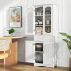 Close-up of the white bathroom storage cabinet's adjustable shelves and elegant glass door design for stylish.