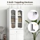 63-inch tall white bathroom storage cabinet with 2 glass doors, adjustable shelves, and anti-tipping devices for safety.