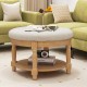 Round tufted ottoman coffee table with beige upholstery, featuring a flip-top design and 2-tier storage for versatile.