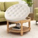 Large round tufted ottoman coffee table in beige with flip-top design and two-tier storage for versatile use.