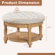 Beige 29-inch round tufted ottoman coffee table with flip-top and 2-tier storage, perfect for living rooms and bedrooms.