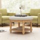 Large round beige ottoman coffee table with tufted design, flip-top storage, and rubber wood legs for living room use.