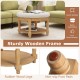 Large round tufted ottoman coffee table with beige upholstery, rubber wood legs, and 2-tier storage for versatile use.