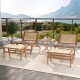 Mid Century Modern accent chair and ottoman made from Indonesian teak with handwoven rattan, perfect for indoor use.