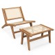 Mid Century Modern accent chair with handwoven rattan seat and ottoman, made from durable Indonesian teak for indoor.