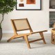 Teak wooden chair showcasing a handwoven rattan backrest, designed with smooth edges for stylish indoor seating.