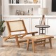 Natural teak wooden foot rest with handwoven rattan, serving as an ottoman or side table in a stylish indoor setting.