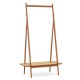 Bamboo clothes rack with hanging rod, rattan shelf, and copper hooks for organized entryway or bedroom storage.