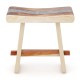 Curved seat shower stool made of solid teak wood with epoxy finish, featuring non-slip foot pads for stability.