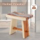 Curved seat shower stool with epoxy finish, solid teak wood, 300 lbs capacity, compact design for indoor/outdoor use.