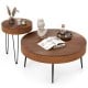 Set of 2 boho round coffee tables with solid pine wood tops and metal legs, perfect for cups and magazines.