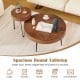 Set of 2 boho round coffee tables with solid pine wood tops and metal legs, perfect for cups, plants, and magazines.