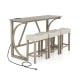 4-piece bar table set with grey wood frame and beige upholstered saddle seat stools, featuring a built-in power outlet.
