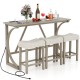 Bar table set with a grey wood finish and built-in power outlet, complemented by three beige upholstered saddle seat.
