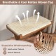 Folding natural rattan ottoman with hand-woven seat, showcasing breathable texture and teak wood for rustic appeal.