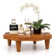 Teak wood pedestal stand with flower-shaped top, perfect for displaying aromatherapy and snacks in any setting.