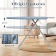 57" x 16.5" ironing table with 7 height adjustments, blue fabric cover, and iron rest for stable ironing at various.