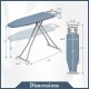Dimensions of the 57" x 16.5" carbon steel ironing table with removable cover and iron rest, featuring 7 height.