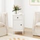 White flip top end table with charging station, drawer, and magazine holder for bedside or sofa side use.