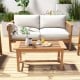 Rectangular 36-inch patio coffee table made of teak wood with slatted tabletop, ideal for outdoor use by the poolside.