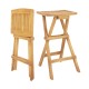 Folding outdoor bar stools made of teak wood with ergonomic saddle seat and x-shaped frame for stability and comfort.