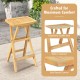Folding outdoor bar stool with ergonomic saddle seat, crafted from teak wood, featuring a built-in footrest for comfort.