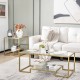 Modern 2-tier rectangular coffee table with a glass top and golden frame, featuring an extra shelf for convenient.
