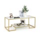 Modern 2-tier rectangular coffee table with a golden frame and glass top, ideal for living room or office decor.