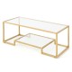 Modern 2-tier rectangular coffee table with a golden frame and glass top, ideal for living room or office use.