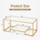 Modern 2-tier rectangular coffee table with golden frame and glass top, featuring dimensions and weight limit for.