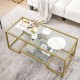 Modern 2-tier rectangular coffee table with a golden frame and glass top, perfect for living room or office use.